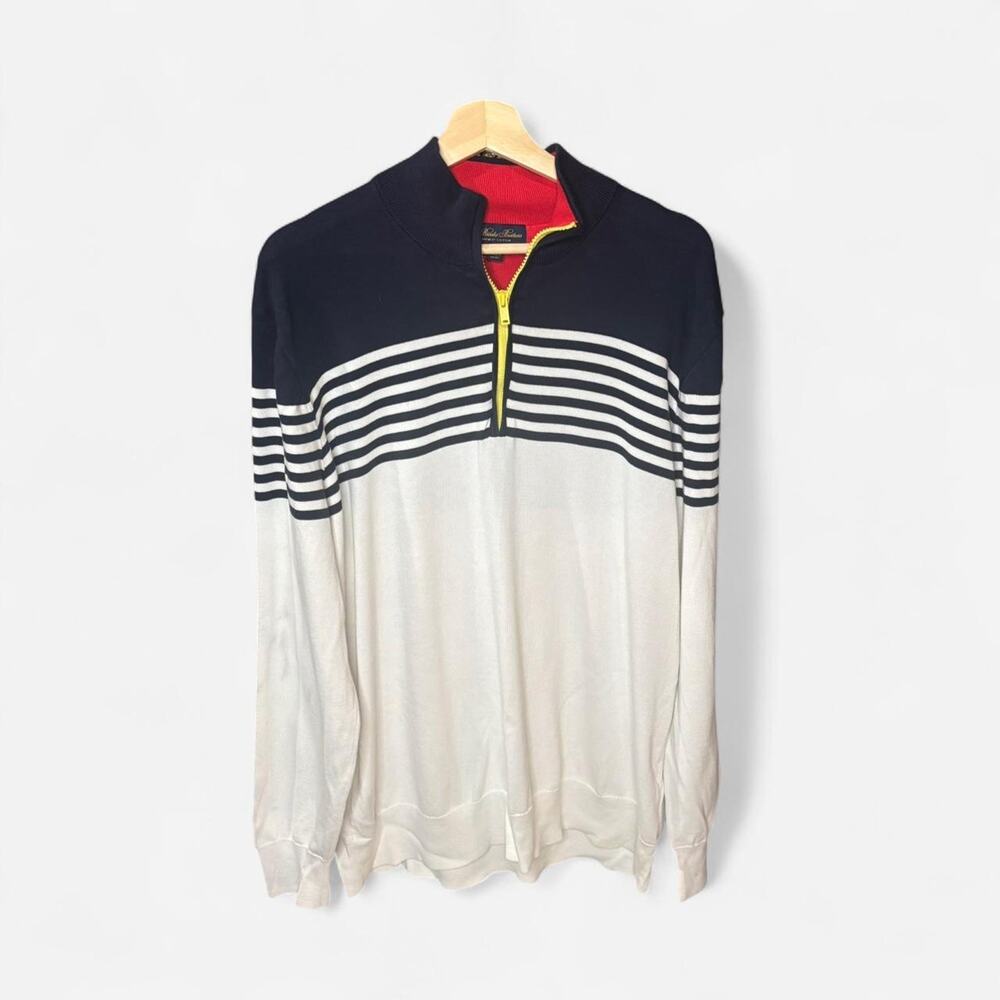 Brooks Brothers Supima Cotton XXL 1/4 Zip Pullover Sweater Nautical Stripe Navy